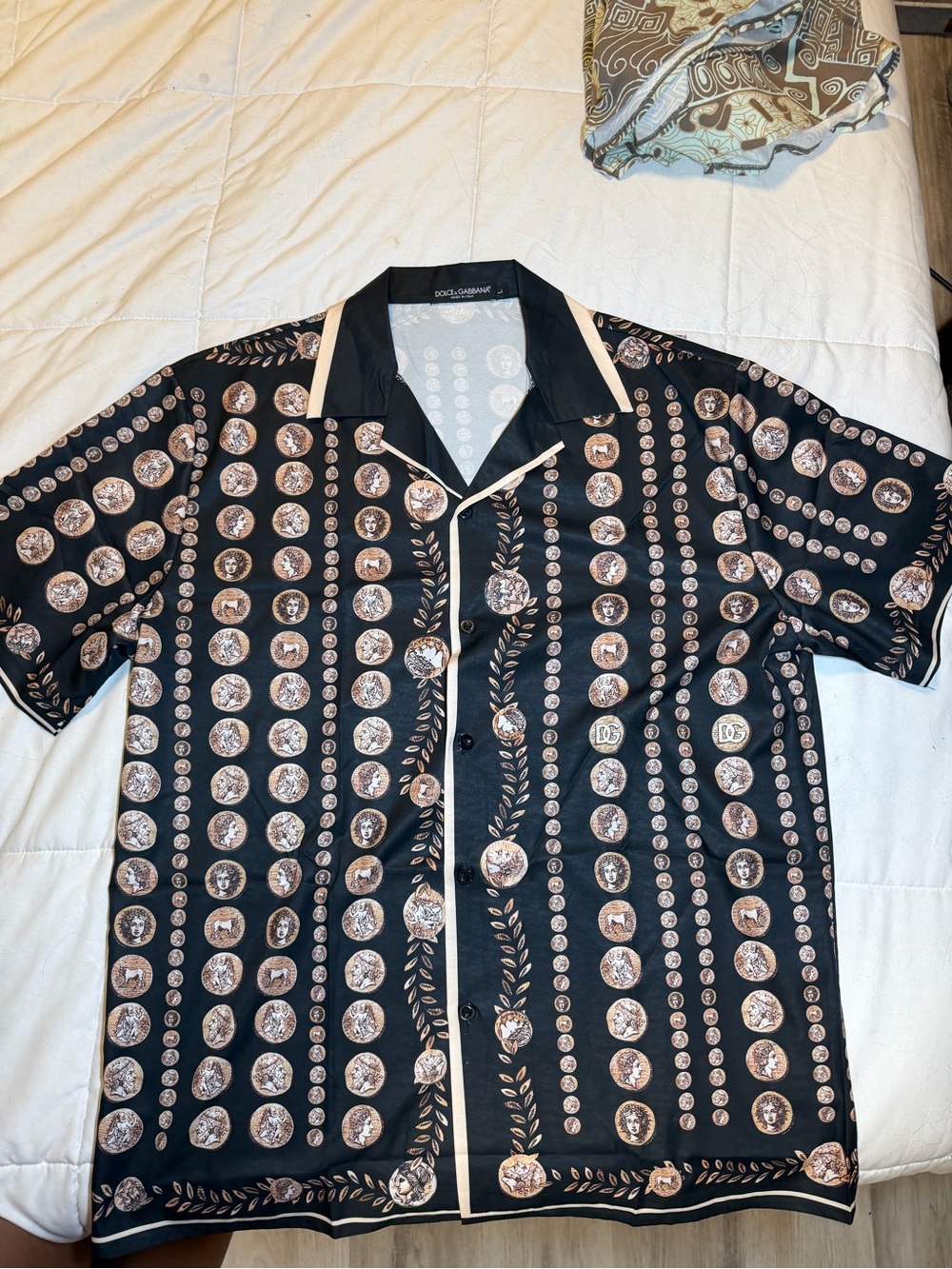 Dolce & Gabbana Black Short-Sleeve Coin-Print Button Down Shirt
